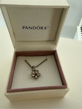 Pandora Silver Flower Pendant Necklace - Pink Enamel